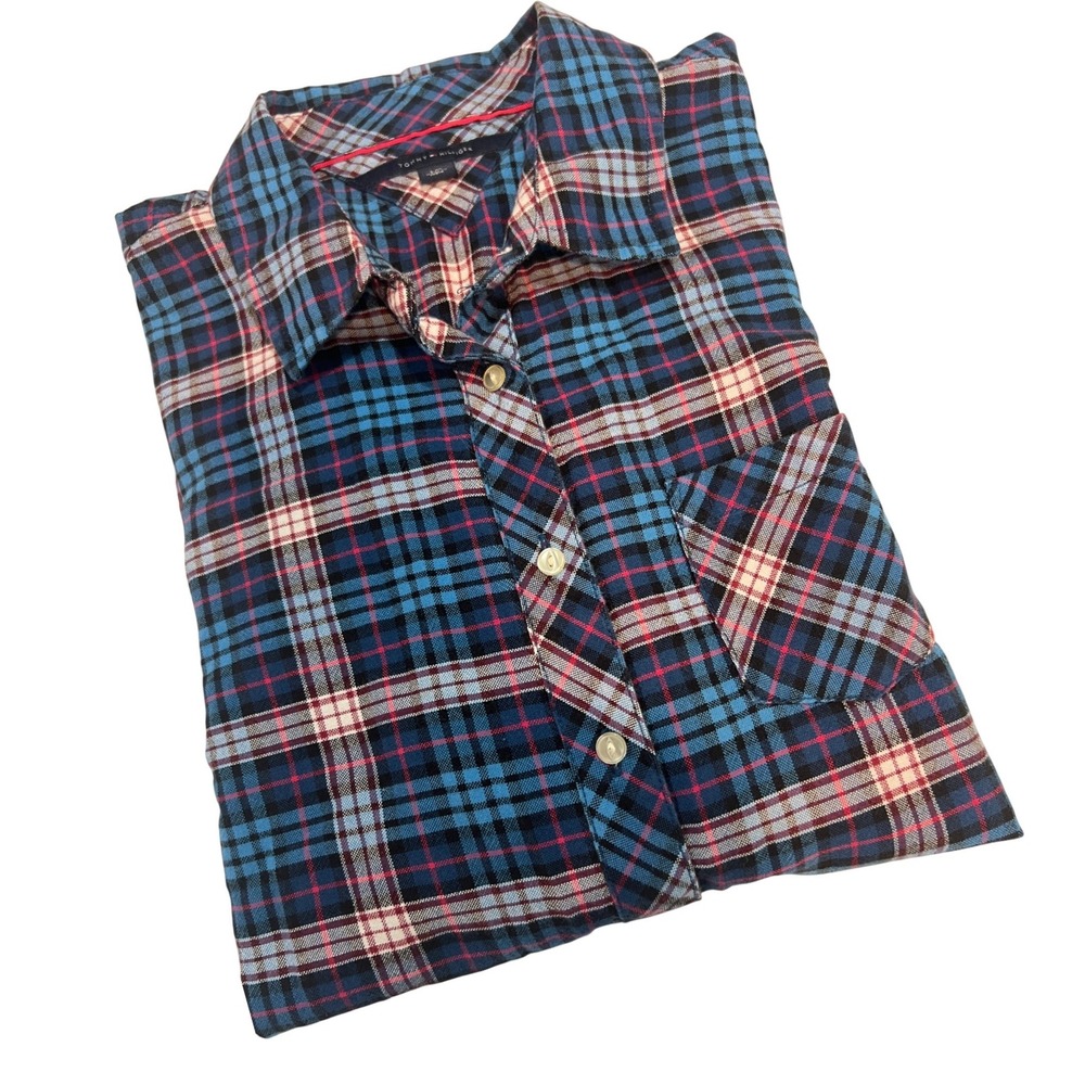 Tommy Hilfiger Plaid Button Down Women L Blue Red White Long Sleeve Flannel A20